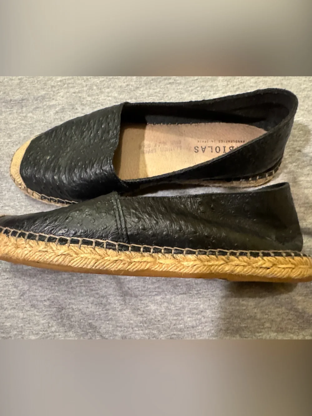 Fabiolas Black Ostrich Textured Pattern Leather Espadrille Flats for Women